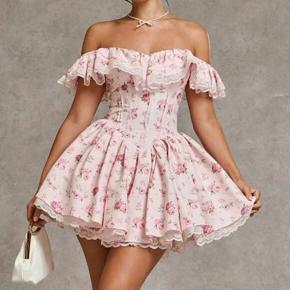 Pink Boho Women's Ditsy Floral Off-Shoulder Ruffled Lace Patchwork Mini Dress - Picture 4 of 7
